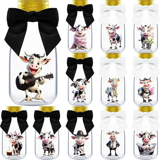 Small 12 Pack Cow Party Favors - DIY Candy Jars with Ribbons and Stickers - Party Decoration Bottles for Birthday, Baby Shower and School Classroom - Holy Cow Print Table Centerpiece for Kids