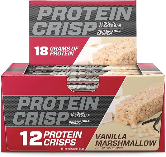 BSN Protein Crisp Bar, Protein Snack Bars, Crunch Bars with Whey Protein and Fiber, Gluten Free, Vanilla Marshmallow, 12 Count (Packaging May Vary)