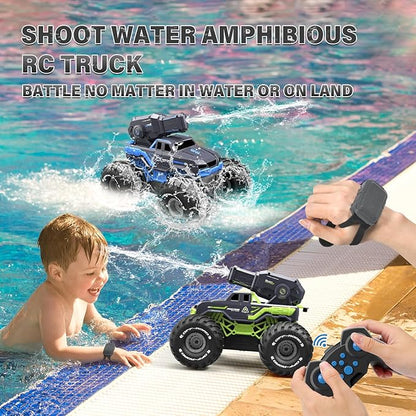 Amphibious Remote Control Car Boat Water Squirt RC Tank 2.4GHz Gesture Sensor 4WD Monster Truck RC Cars 360°Rotating Waterproof Stunt Car for Age 6 7 8 9-12 Kids Girls Boys Gift Beach Pool Water Toy