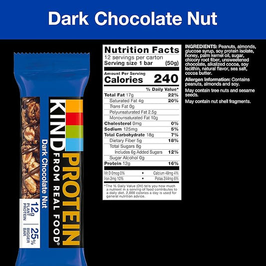 KIND Protein Snack Bar, Dark Chocolate Nut, Healthy Snacks, Gluten Free, 12g Plant Protein, 12 Count