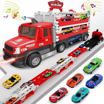 Carrier Truck Race Track Kids Toys, 4.6-FT Foldable Hauler Track Ejection Car Police Trucks Toy and 6 Racing Car with Light&Sounds, Truck Toy Child Xmas Gifts for 3+ Year Old Boys Girls-Red