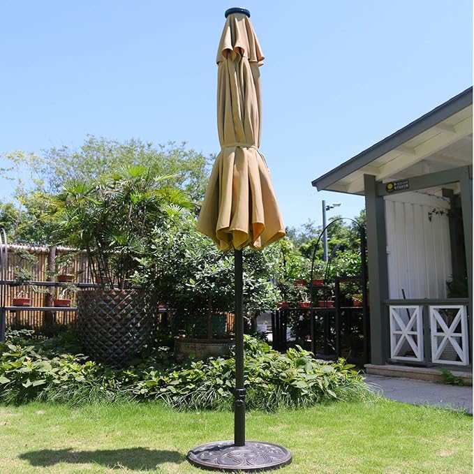 Sunnyglade 9' Solar LED Lighted Patio Umbrella with 8 Ribs/Tilt Adjustment and Crank Lift System (Light Tan)