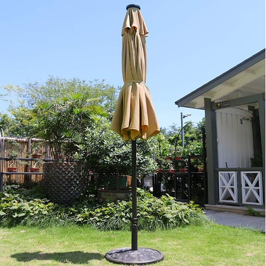 Sunnyglade 9' Solar LED Lighted Patio Umbrella with 8 Ribs/Tilt Adjustment and Crank Lift System (Light Tan)