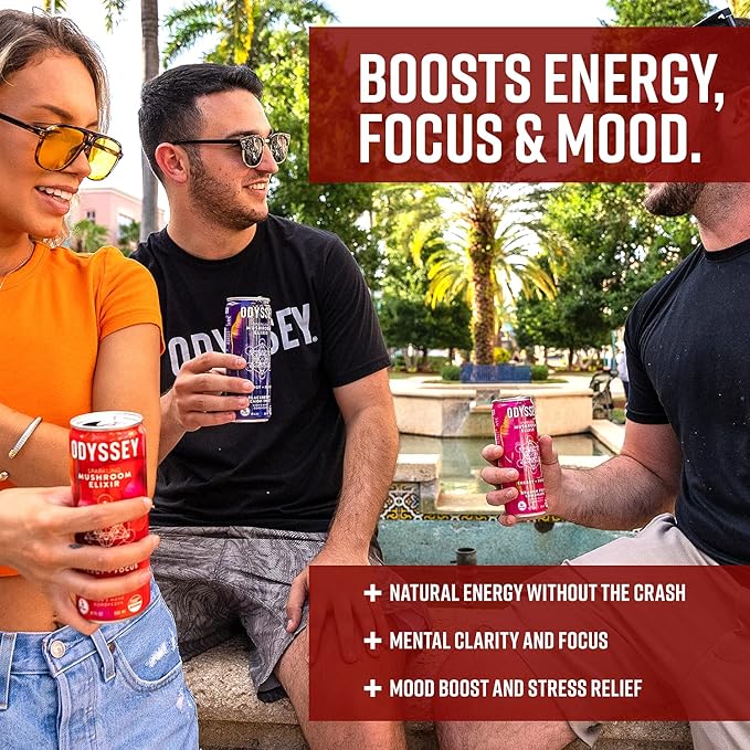 Odyssey Elixir Cognition + Sustainable Energy - Lion's Mane, Cordyceps, L Theanine, Ginseng & 85mg Green Tea Caffeine - 0 Added Sugar - No Jitters or Crash - Passion Fruit Orange Guava - 12 oz, 12 Pk