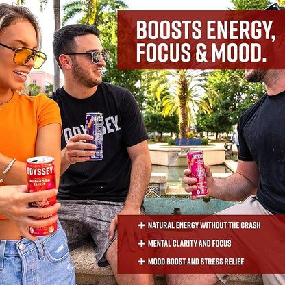 Odyssey Elixir Cognition + Sustainable Energy - Lion's Mane, Cordyceps, L Theanine, Ginseng & 85mg Green Tea Caffeine - 0 Added Sugar - No Jitters or Crash - Passion Fruit Orange Guava - 12 oz, 12 Pk