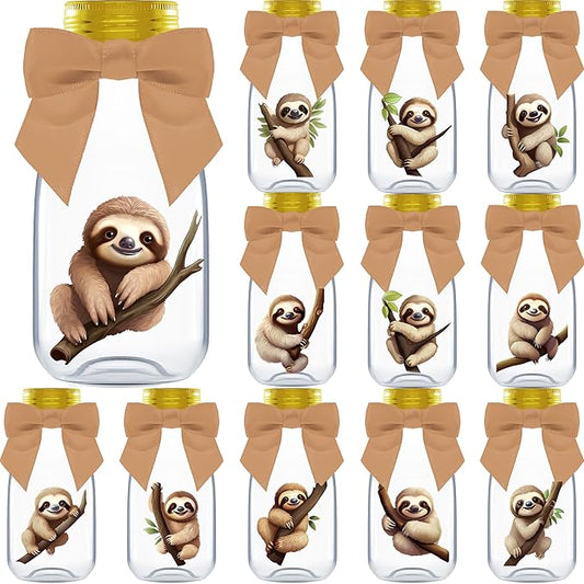 Small 12 Pack Sloth Party Favors - DIY Candy Jars with Ribbons and Stickers - Party Decoration Bottles for Birthday, School Classroom and Baby Shower - Sloth Table Centerpiece Gifts for Kids
