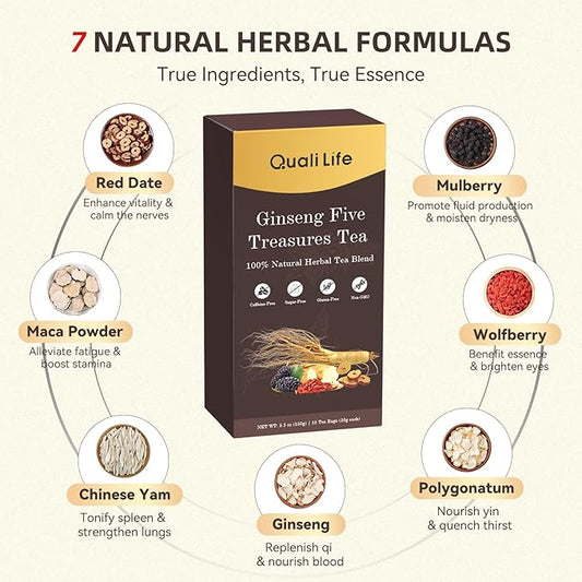 Ginseng Five Treasures Tea, Natural Kidney Cleanse Detox with Ginseng, Red Date, Mulberry Fruit, Maca, Wolfberry, Yam, Polygonatum for Men