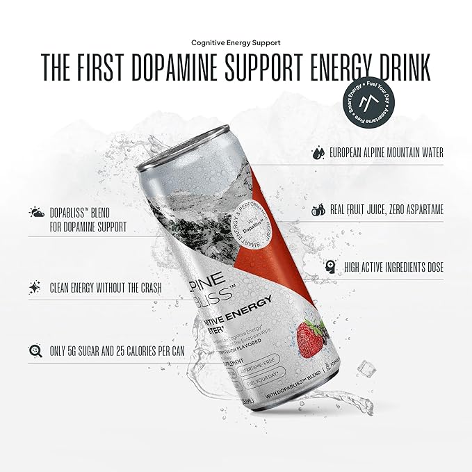 Alpine Bliss Energy Drink with Tyrosine, Ginger Root, B Vitamins and Saffron Extract, Supports Focus and Mental Clarity, Award-Winning Low Calorie Adaptogen & Nootropic Blend, European Mountain Water, Berry Flavor (12 Pack)