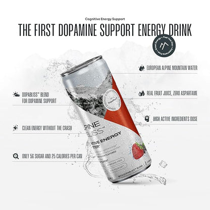 Alpine Bliss Energy Drink with Tyrosine, Ginger Root, B Vitamins and Saffron Extract, Supports Focus and Mental Clarity, Award-Winning Low Calorie Adaptogen & Nootropic Blend, European Mountain Water, Berry Flavor (12 Pack)