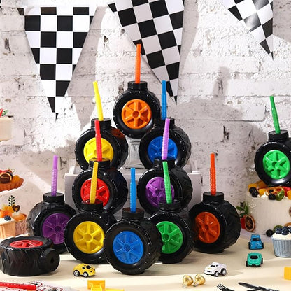 Mifoci 12 Pack Monster Truck Cups Set 17 oz Truck Tire Plastic Cup with Straw for Kids Construction Birthday Party Supplies Decoration