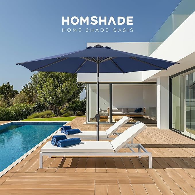 9ft Outdoor Patio Umbrella - Market Table Pool Deck Umbrella UPF50+ UV Protection with Push Button Tilt, Crank and 8 Sturdy Ribs (Navy Blue, No base)