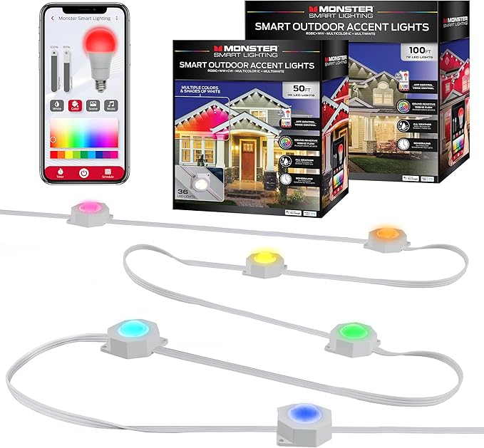 Monster Smart Permanent Outdoor Lights, 150ft, 108 LED Eaves Lights, RGB+IC+WW, Weather & Water Resistant, App & Voice Control, Compatible with Alexa & Google, Halloween, Christmas, Year-Round
