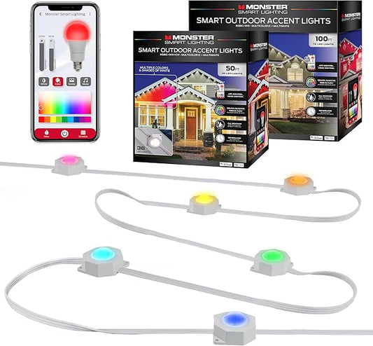 Monster Smart Permanent Outdoor Lights, 150ft, 108 LED Eaves Lights, RGB+IC+WW, Weather & Water Resistant, App & Voice Control, Compatible with Alexa & Google, Halloween, Christmas, Year-Round