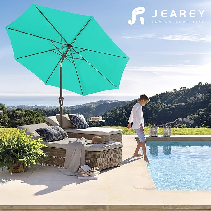 JEAREY 9FT Outdoor Patio Umbrella Outdoor Table Umbrella with Push Button Tilt and Crank, Market Umbrella 8 Sturdy Ribs UV Protection Waterproof for Garden, Deck, Backyard, Pool (Aqua Sky)