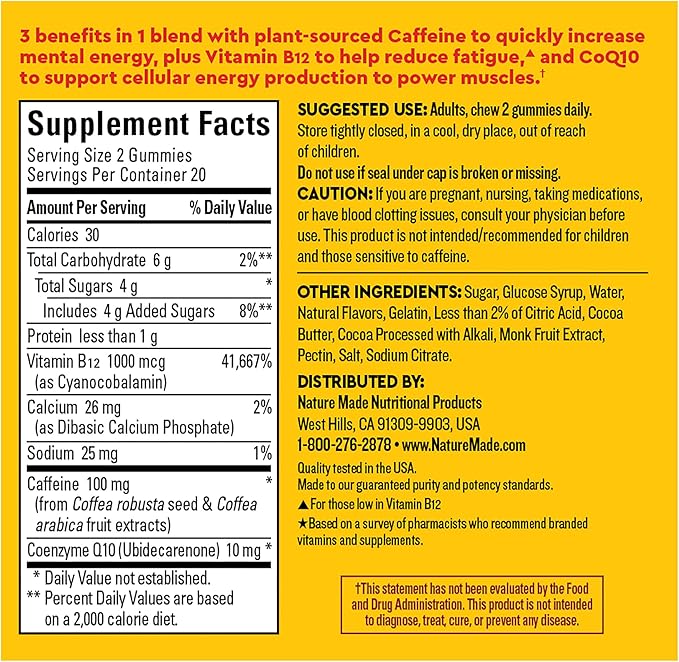 Nature Made Wellblends EnergyMAX Gummies, Fast Acting Caffeine, CoQ10 & Vitamin B12 1000mcg, Energy Support Gummy Vitamins, 40 Gummies