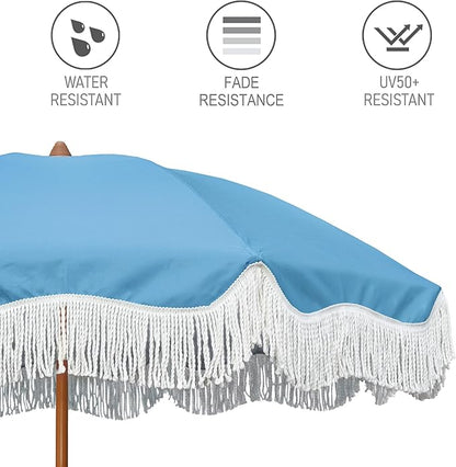 AMMSUN Boho Fringe Umbrella Outdoor Patio, 6.5ft UPF50+ Picnic Umbrella with Tassels with Steel Pole and Push Button Tilt, Blue