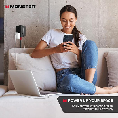 Monster Power Shield: Magnetic Wall Outlet Extender, Multiple Plug Outlet with 2 AC Outlets, 3 USB-A Ports, & 1 USB-C Port (20W)