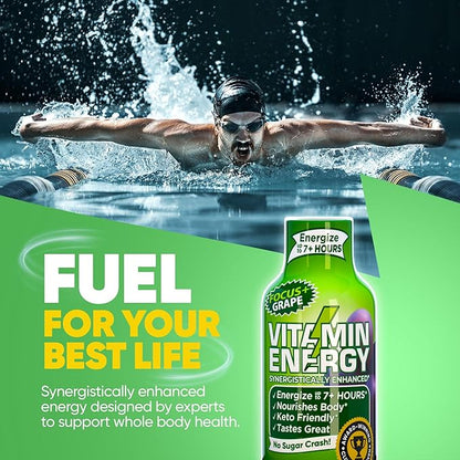 Vitamin Energy Focus+ Extra Strength Daily Energy Shot – Grape – 260mg Natural Caffeine, 100% DV B-Vitamins – Focus & Productivity Support – Zero Sugar, Vegan, Kosher – 1.93 fl oz, 12-Pack