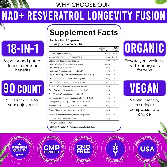 NAD Supplement. Longevity Formula with NAD, Trans Resveratrol, Quercetin, Betaine Anhydrous, Grape Seed, Fisetin. 180 Capsules