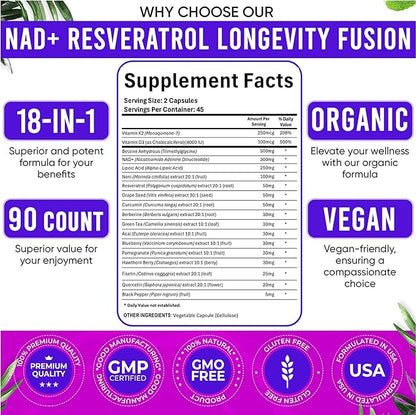 NAD Supplement. Longevity Formula with NAD, Trans Resveratrol, Quercetin, Betaine Anhydrous, Grape Seed, Fisetin. 180 Capsules
