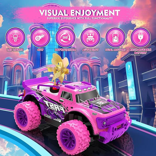 Remote Control Car for Girls: 1:20 Scale Pink Purple Rc Truck with LED Light and DIY Windmills - 20Km/h All Terrain Fast RC Cars, 2.4GHz Monster Truck Toys for Kids Gift