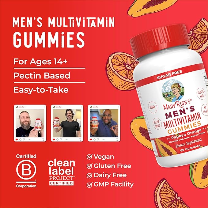 Mens Multivitamin Gummies by MaryRuth's | Vegan Vitamins for Men | Multivitamins for Immune Support | Non-GMO & Gluten Free | 0g Sugar Per Serving | 60 Count