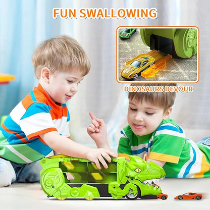 Dinosaur Transport Truck Toys - 9-in-1 Car Carrier & Track Set with 8 Mini Cars, Dino Monster Truck for Kids 3-12, Push & Pull Toy, Race & Storage Gift for Boys Girls (Green)