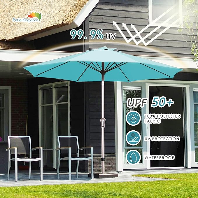 PatioKingdom 9FT Patio Outdoor Umbrella-UPF 50+ Sun Shade with Wind Vent, Push-Button Tilt & Smooth Crank Lift, Rust-Resistant Fiberglass Frame for Garden, Backyard,Yard