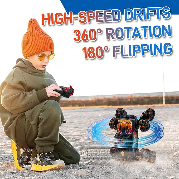 RC Stunt Car Remote Control Monster Truck - 360° Drift Car with Gesture Sensing, 45°Hill Climbing, Cool LED Lights & Music Effects - Top RC Cars Gift for Boys 8-12