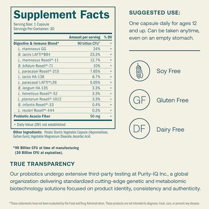 True Grace One Daily Probiotic - 30 Vegetarian Capsules - Gut, Digestive & Immune Health Support Blend with Prebiotic Fiber - Organic, Gluten Free, Dairy Free, Soy Free