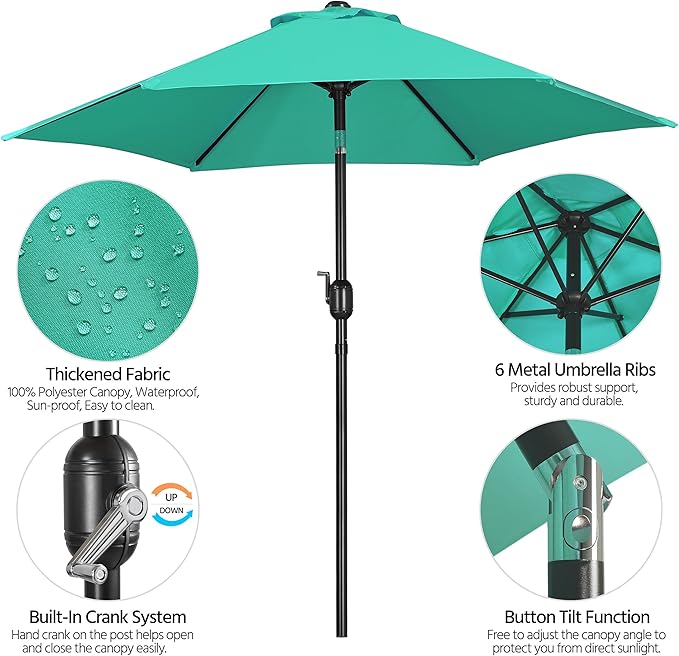 Yaheetech 7.5FT Patio Umbrella Outdoor Table Umbrella Canopy Market Umbrella with Push Button Tilt & Crank for Garden/Lawn/Deck/Backyard, 6 Ribs, Turquoise