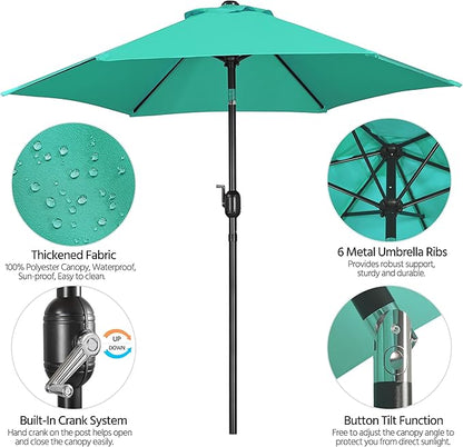 Yaheetech 7.5FT Patio Umbrella Outdoor Table Umbrella Canopy Market Umbrella with Push Button Tilt & Crank for Garden/Lawn/Deck/Backyard, 6 Ribs, Turquoise