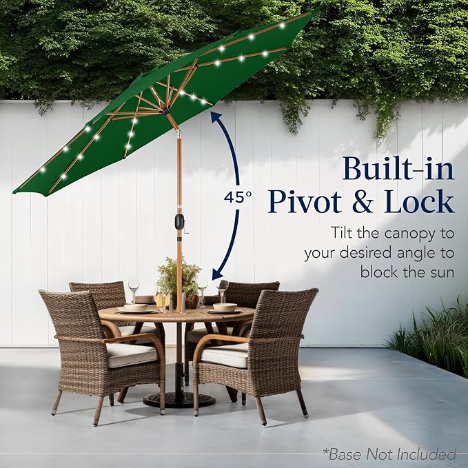 Best Choice Products 10ft Solar Market Patio Umbrella w/Woodgrain Pattern Pole, LED Lights, Tilt & Crank – Outdoor Sun Shade for Backyard Table, Deck, Poolside – Green