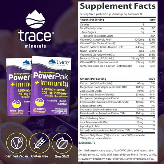 Trace Minerals PowerPak Plus Immunity - Hydration Support Supplement - Vitamin & Mineral Powder with Elderberry - Powder Packet to Aid Immunity & Energy - Fizzy Lemon Berry (30 Servings)