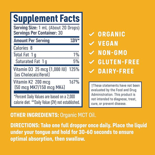 NativePath D3K2 Tincture - 1000IU Vitamin D3 and Vitamin K2 Supplement with Organic MCT Oil - 1 Fluid Ounce - Rapid Bioavailability Multi-Vitamin for Bone Strength and Total Body Wellness, 30 Servings