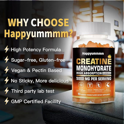 Creatine Monohydrate Gummies 5g for Men Women - Sugar Free Chewable Supplement. 180 Gummies Orange.