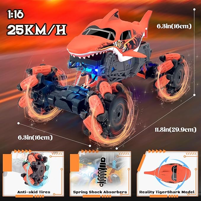 Remote Control Car, Shark Monster Truck with Gesture Sensor, 1:16 30km/h Off-Road Rc Cars, 360°Rotation All Terrain 2.4Ghz 4WD Truck Toy Gift for Boys Girls 3+ Years