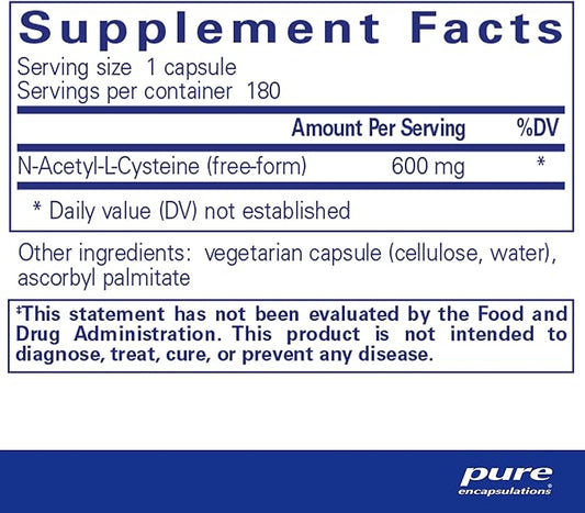 Pure Encapsulations NAC 600 mg - N-Acetyl Cysteine NAC Supplement for Lung Health & Immune Support, Liver Support & Antioxidants* - with Freeform N-Acetyl-L-Cysteine - 180 Capsules