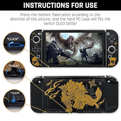 GLDRAM Carry Case for Nintendo Switch OLED Accessories, Black Switch Case Cover Bundle for Monster Hunter Rise with Travel Case, Dockable Hard PC Cover, Glass Screen Protector, Thumb Grip Caps