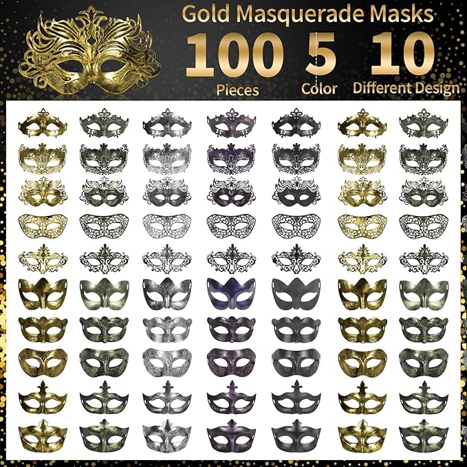 yeload Masquerade Masks 100 Bulk Vintage Masks of Masquerade Party, Venetian, Mardi Gras, Halloween, Masks for Women, Men