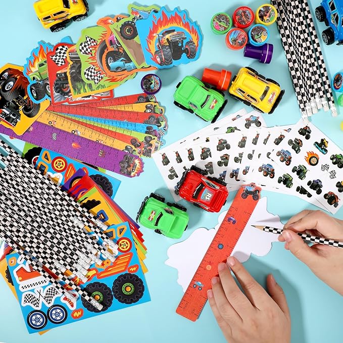 BenLouis 192Pcs Monster Truck Party Favors Truck Car Birthday Stampers Stickers School Stationery Set Bulk for Kids wheels party Race Car Themed Party Goodie Bag Stuffers Pinata Filler Supplies