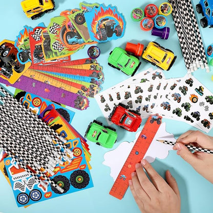 BenLouis 192Pcs Monster Truck Party Favors Truck Car Birthday Stampers Stickers School Stationery Set Bulk for Kids wheels party Race Car Themed Party Goodie Bag Stuffers Pinata Filler Supplies