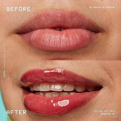 NYX PROFESSIONAL MAKEUP Fat Oil Lip Drip, Moisturizing Lip Oil Gloss, Vegan Tinted Formula, Up to 12 HR Hydration - Newsfeed (Rose Nude)