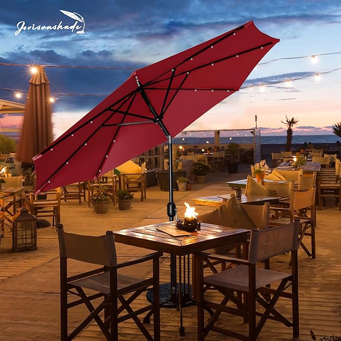9FT LED Patio Umbrella, Solar Outdoor Umbrellas with LED Lights, Deck Umbrella with Push Button Tilt and Crank, UV Protection Waterproof for Pool, Porch, Garden, Deck, Backyard. (Red)