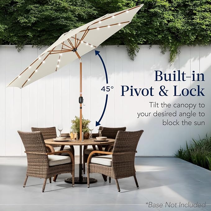 Best Choice Products 10ft Solar Market Patio Umbrella w/Woodgrain Pattern Pole, LED Lights, Tilt & Crank – Outdoor Sun Shade for Backyard Table, Deck, Poolside – Ivory