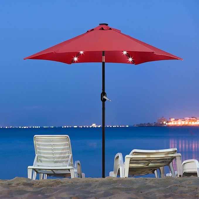Yaheetech 7.5FT Solar Powered Patio Umbrella - UV Protection Market Table Umbrella w/18 LED Lights & Push Button Tilt & Crank Lift System for Garden/Lawn/Deck/Backyard/Pool,Red
