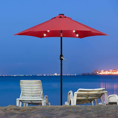 Yaheetech 7.5FT Solar Powered Patio Umbrella - UV Protection Market Table Umbrella w/18 LED Lights & Push Button Tilt & Crank Lift System for Garden/Lawn/Deck/Backyard/Pool,Red