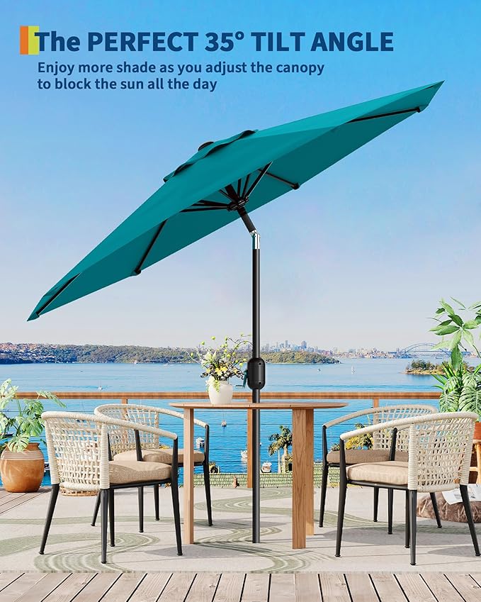 10FT Patio Umbrella Outdoor, Market Umbrella, Table Umbrella with Push Button Tilt and Crank, 8 Sturdy Ribs UV Protection Waterproof for Garden, Pool, Deck, Backyard (Turquoise Blue)