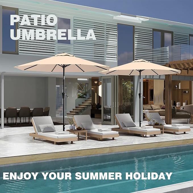 9 FT Patio Umbrella for Outdoor, Outdoor Umbrella with Push Button Tilt and Crank, Outdoor Patio Umbrellas with 8 Sturdy Ribs for Market, Garden, Deck, Backyard, Pool (Beige)