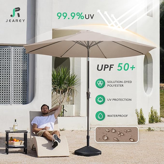 JEAREY 9FT Outdoor Patio Umbrella Outdoor Table Umbrella with Push Button Tilt and Crank, Market Umbrella 8 Sturdy Ribs UV Protection Waterproof for Garden, Deck, Backyard, Pool (Khaki)